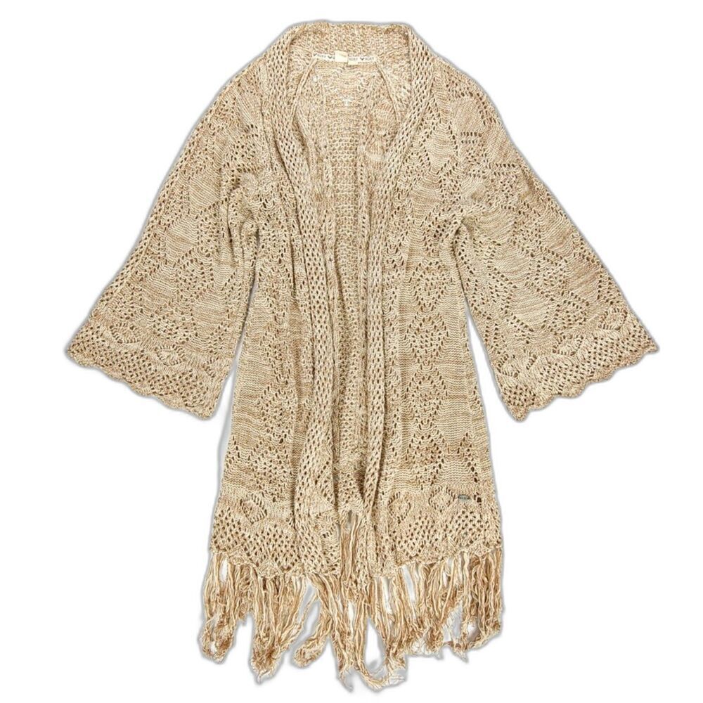 ROXY Crochet Knit Kimono Bell Sleeve Midi Duster Cardigan Boho Fringe Hem Brown